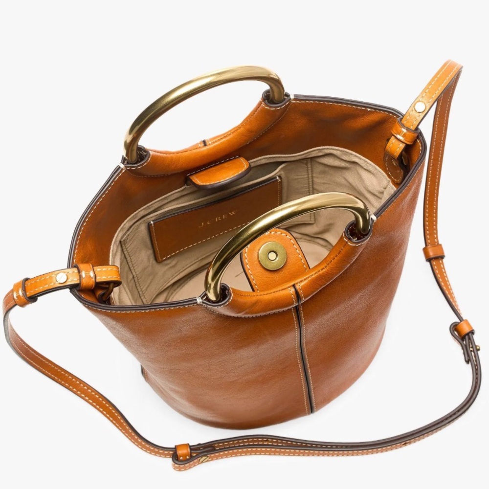 J.Crew Italian Leather Bucket Bag - Cognac Brown - Gold Ring Handles crossbody - Picture 2 of 4